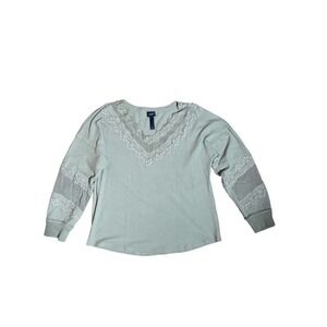 Daytrip Waffle Knit Top Blouse Long Sleeve V-Neck Lace Mesh Olive Green XL